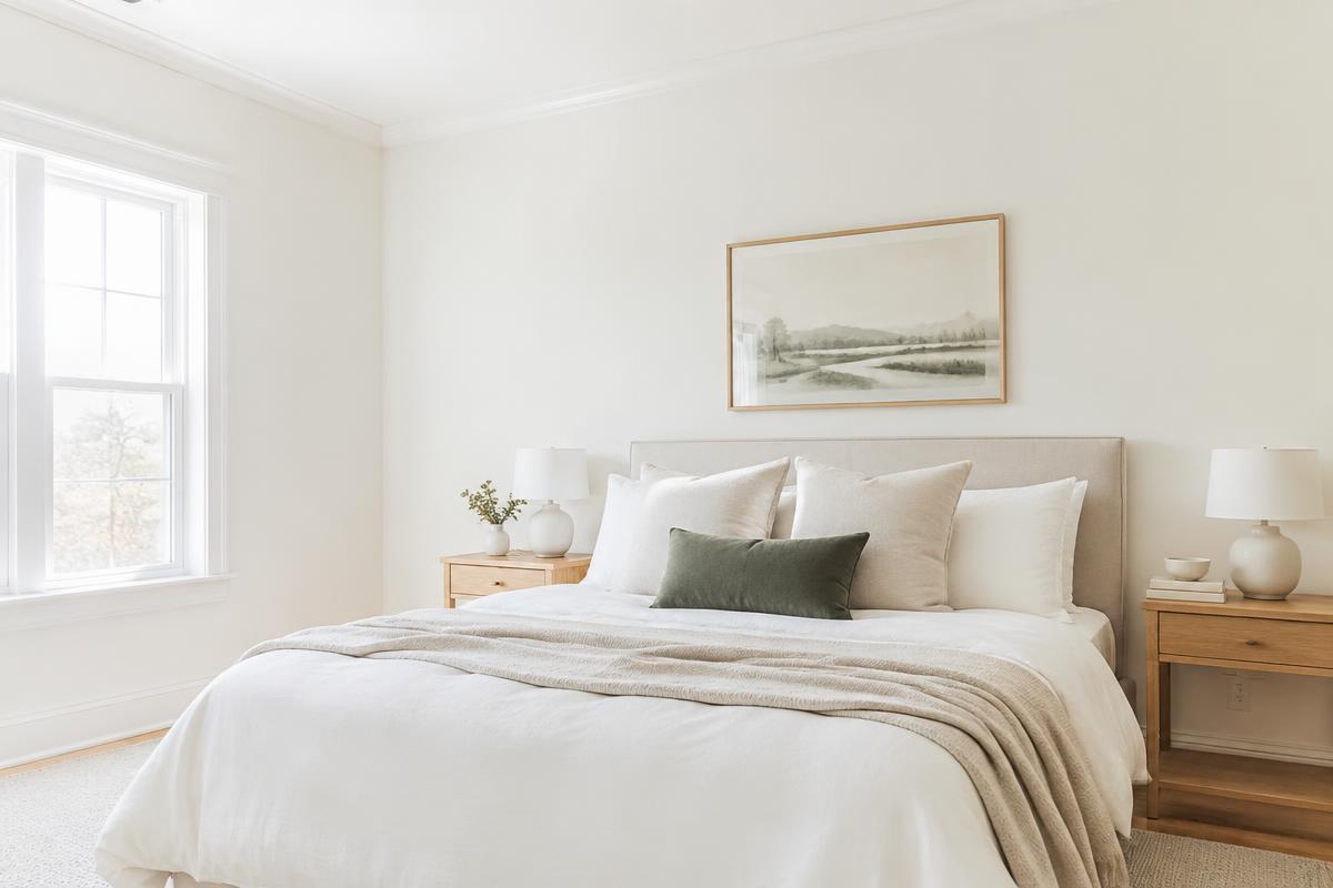 Bedroom after painting with white walls and finished trim
