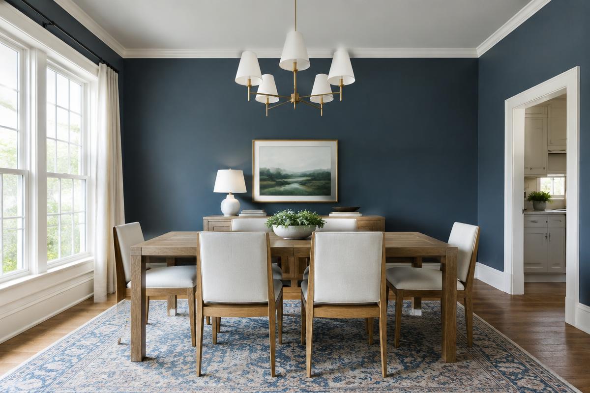 Dining room with freshly painted deep blue accent wall